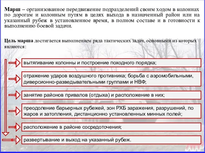 Марш – организованное передвижение подразделений своим ходом в колоннах по дорогам и