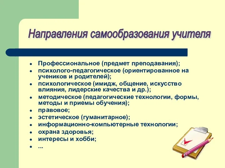 Профессиональное (предмет преподавания); психолого-педагогическое (ориентированное на учеников и родителей); психологическое (имидж, общение,