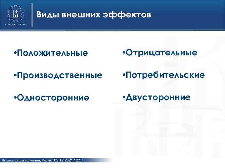 Виды внешних эффектов Положительные Производственные Односторонние Отрицательные Потребительские Двусторонние