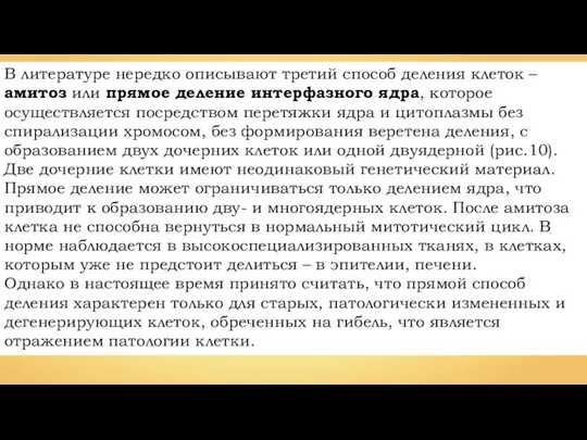 В литературе нередко описывают третий способ деления клеток – амитоз или прямое