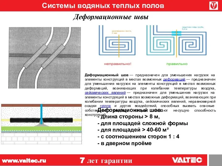 Системы водяных теплых полов 7 лет гарантии www.valtec.ru Деформационные швы Деформационный шов