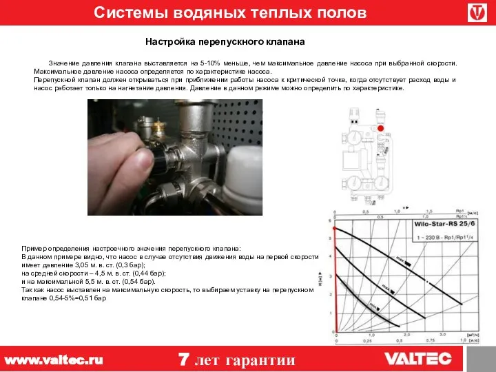 Системы водяных теплых полов 7 лет гарантии www.valtec.ru Настройка перепускного клапана Значение