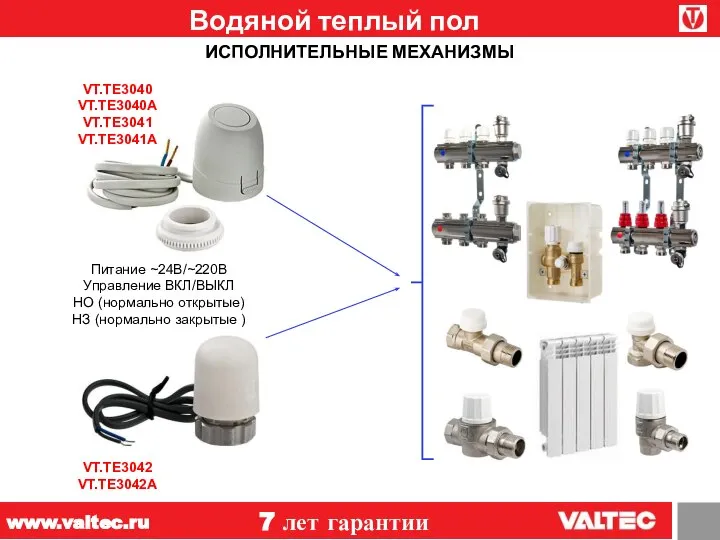 Водяной теплый пол 7 лет гарантии www.valtec.ru ИСПОЛНИТЕЛЬНЫЕ МЕХАНИЗМЫ Питание ~24В/~220В Управление