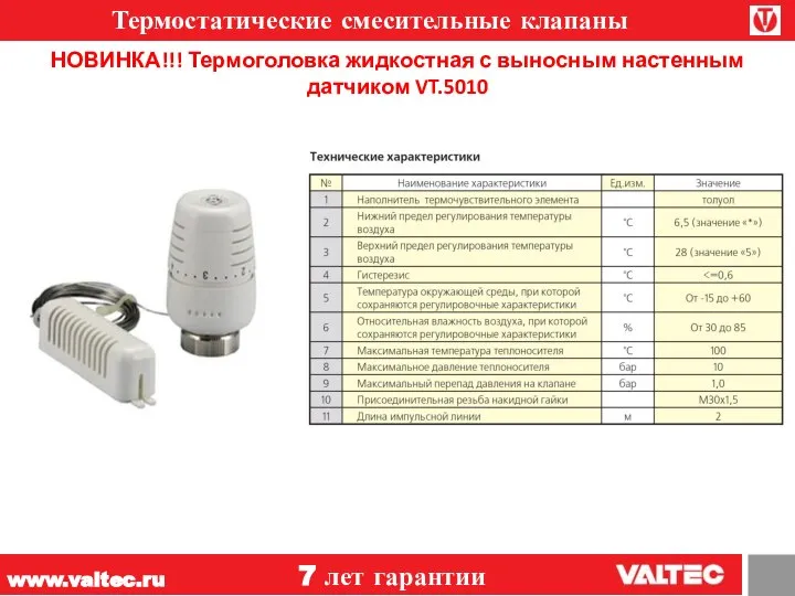 Термостатические смесительные клапаны www.valtec.ru 7 лет гарантии НОВИНКА!!! Термоголовка жидкостная с выносным настенным датчиком VT.5010