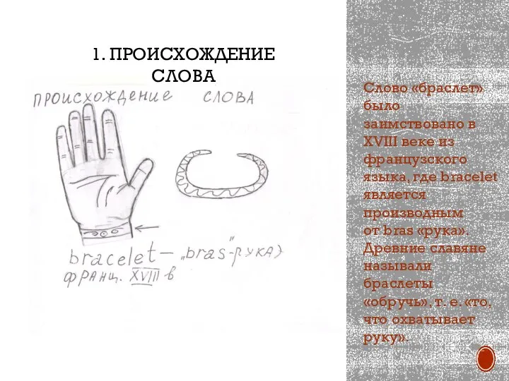 Слово «браслет» было заимствовано в XVIII веке из французского языка, где bracelet