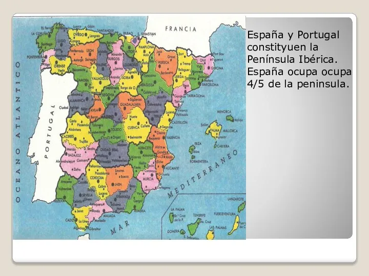 España y Portugal constityuen la Península Ibérica. España ocupa ocupa 4/5 de la peninsula.