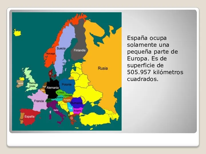 España ocupa solamente una pequeña parte de Europa. Es de superficie de 505.957 kilómetros cuadrados.