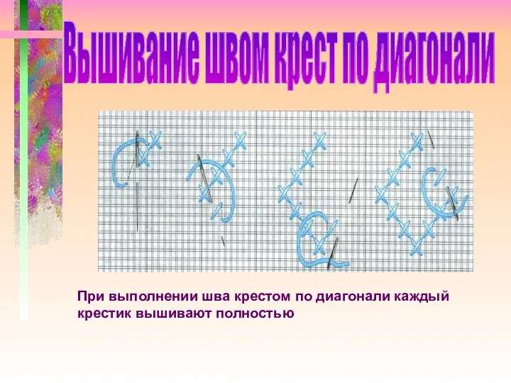 При выполнении шва крестом по диагонали каждый крестик вышивают полностью Вышивание швом крест по диагонали