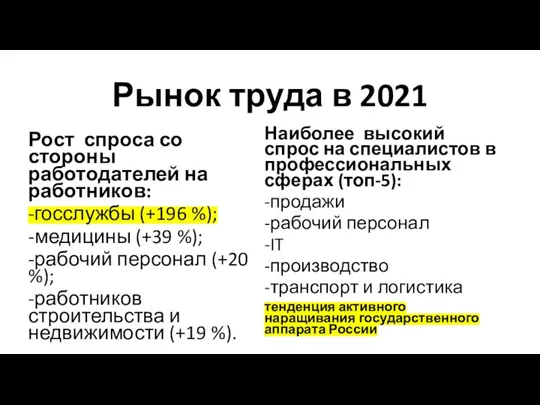 Рынок труда в 2021 Рост спроса со стороны работодателей на работников: -госслужбы