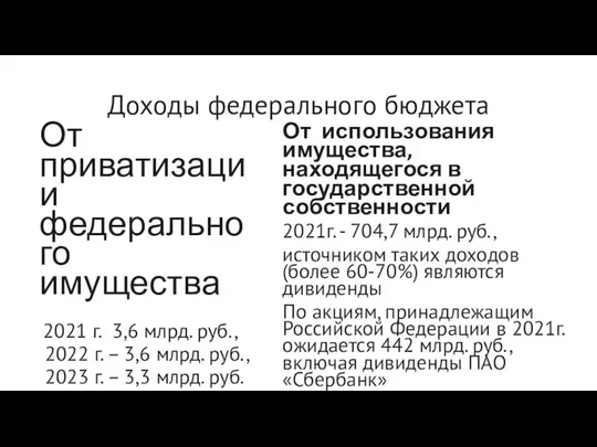 Доходы федерального бюджета От приватизации федерального имущества 2021 г. 3,6 млрд. руб.,