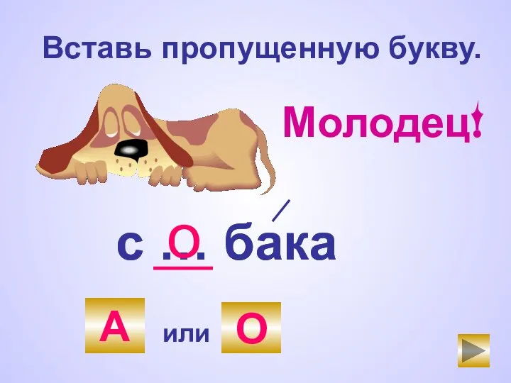 Вставь пропущенную букву. с … бака А или О с … бака о Молодец! А