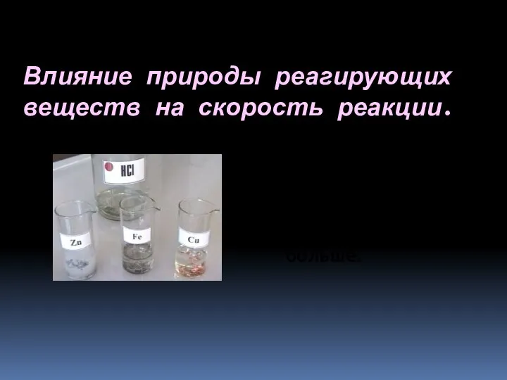 Влияние природы реагирующих веществ на скорость реакции. Чем активнее вещество, тем скорость