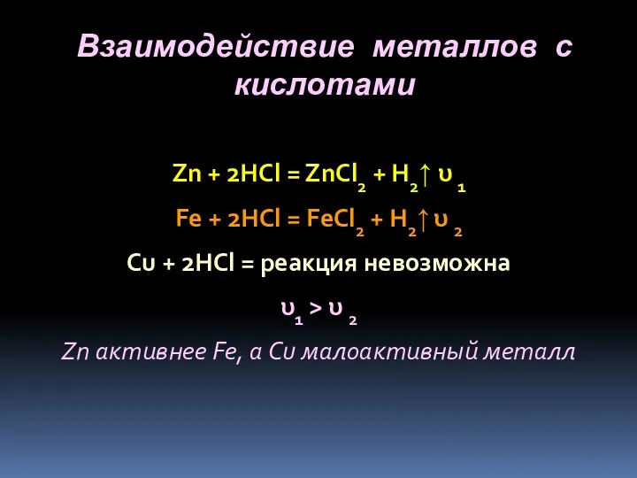 Взаимодействие металлов с кислотами Zn + 2HCl = ZnCl2 + H2↑ υ