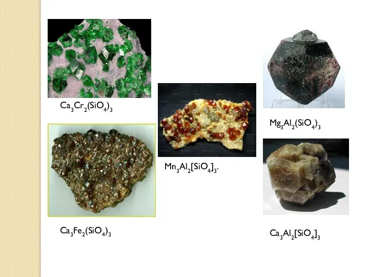 Ca3Cr2(SiO4)3 Mg3Al2(SiO4)3 Са3Fе2(SiO4)3 Ca3Al2[SiO4]3 Mn3Al2[SiO4]3.