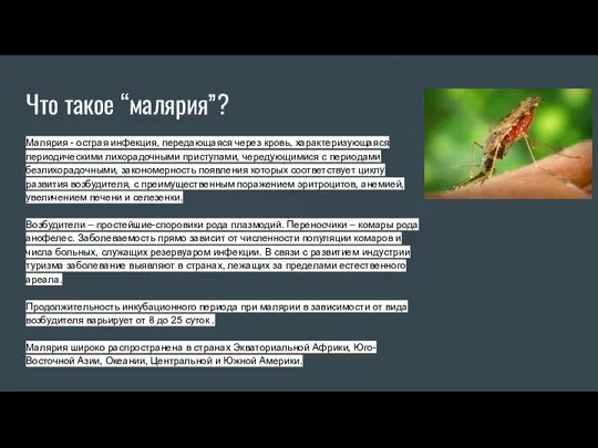 Что такое “малярия”? Малярия - острая инфекция, передающаяся через кровь, характеризующаяся периодическими