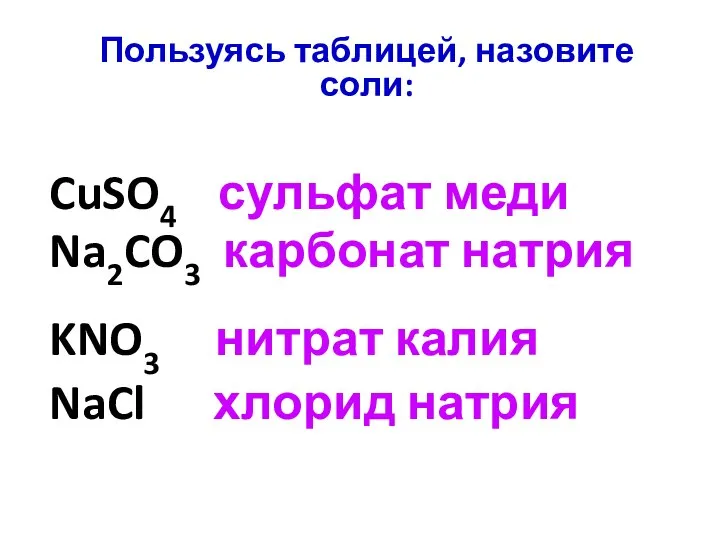 Пользуясь таблицей, назовите соли: CuSO4 сульфат меди Na2CO3 карбонат натрия KNO3 нитрат калия NaCl хлорид натрия