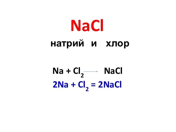 NaCl натрий и хлор Na + Cl2 NaCl 2Na + Cl2 = 2NaCl