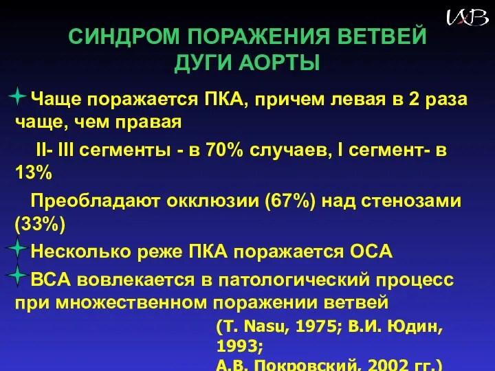 СИНДРОМ ПОРАЖЕНИЯ ВЕТВЕЙ ДУГИ АОРТЫ Чаще поражается ПКА, причем левая в 2