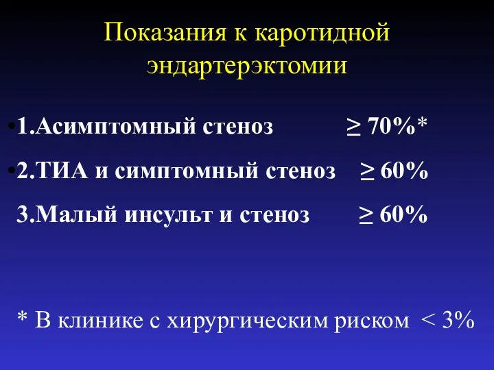 Показания к каротидной эндартерэктомии 1.Асимптомный стеноз ≥ 70%* 2.ТИА и симптомный стеноз