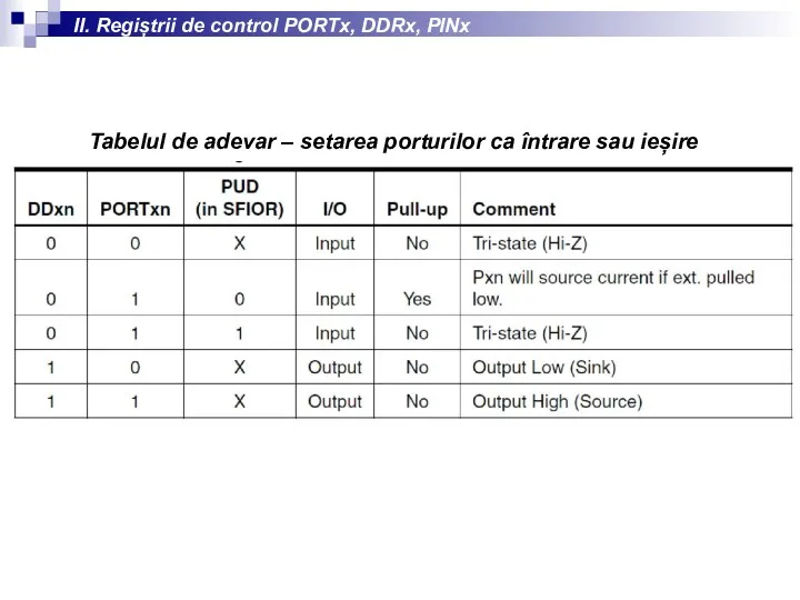 II. Regiștrii de control PORTx, DDRx, PINx Tabelul de adevar – setarea