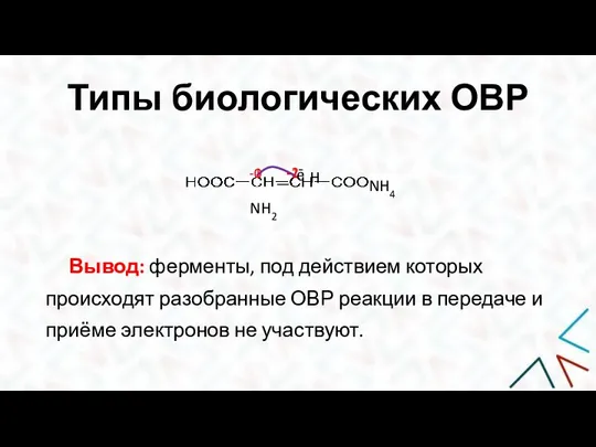 Типы биологических ОВР Вывод: ферменты, под действием которых происходят разобранные ОВР реакции