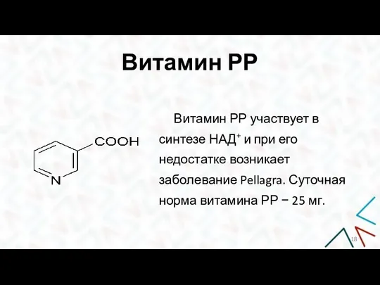 Витамин РР Витамин РР участвует в синтезе НАД+ и при его недостатке