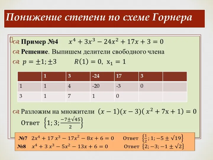 Понижение степени по схеме Горнера