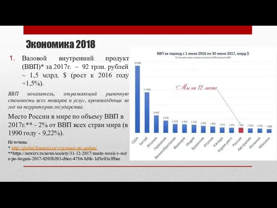 Экономика 2018 Валовой внутренний продукт (ВВП)* за 2017г. – 92 трлн. рублей