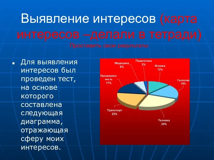 Выявление интересов (карта интересов –делали в тетради) Проставить свои результаты Для выявления