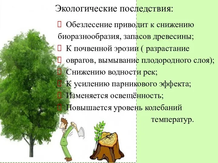 Экологические последствия: Обезлесение приводит к снижению биоразнообразия, запасов древесины; К почвенной эрозии