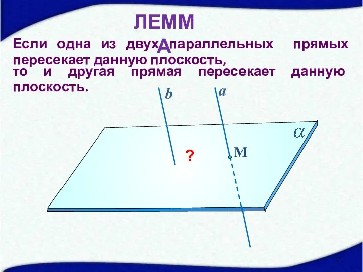 Если одна из двух параллельных прямых пересекает данную плоскость, М a ?