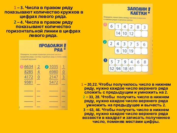 1 – 3. Числа в правом ряду показывают количество кружков в цифрах