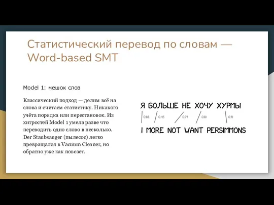 Статистический перевод по словам — Word-based SMT Model 1: мешок слов Классический
