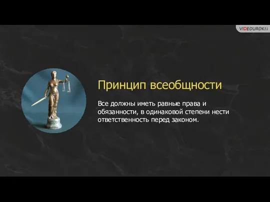 Принцип всеобщности Все должны иметь равные права и обязанности, в одинаковой степени нести ответственность перед законом.