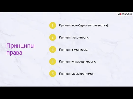 Принципы права Принцип всеобщности (равенства). 1 Принцип законности. 2 Принцип гуманизма. 3