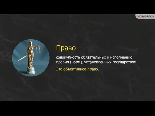 Право – совокупность обязательных к исполнению правил (норм), установленных государством. Это объективное право.