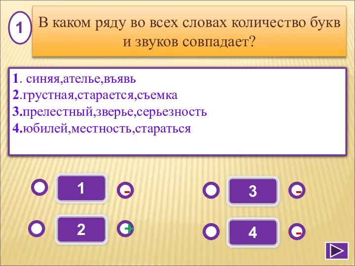 1 - - + - 2 3 4 1. синяя,ателье,въявь 2.грустная,старается,съемка 3.прелестный,зверье,серьезность