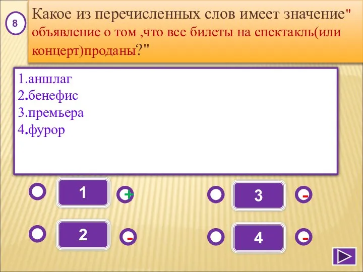 1 - - + - 2 3 4 1.аншлаг 2.бенефис 3.премьера 4.фурор