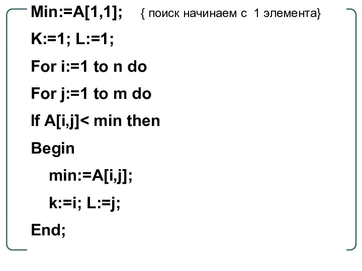 Min:=A[1,1]; { поиск начинаем с 1 элемента} K:=1; L:=1; For i:=1 to