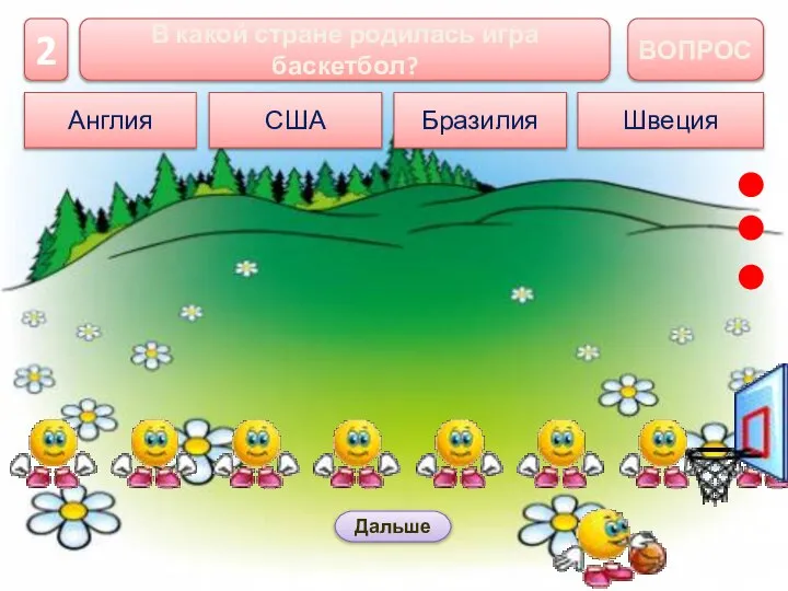 Швеция ВОПРОС В какой стране родилась игра баскетбол? Дальше Бразилия США Англия 2