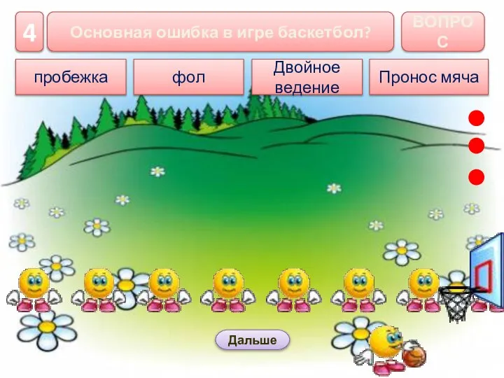 Пронос мяча ВОПРОС Основная ошибка в игре баскетбол? Дальше Двойное ведение пробежка фол 4