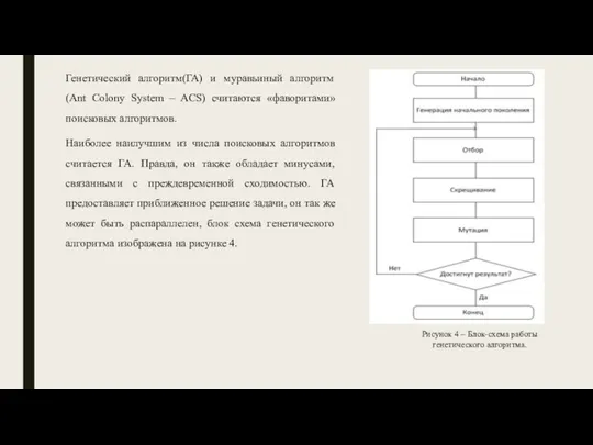 Рисунок 4 – Блок-схема работы генетического алгоритма. Генетический алгоритм(ГА) и муравьиный алгоритм