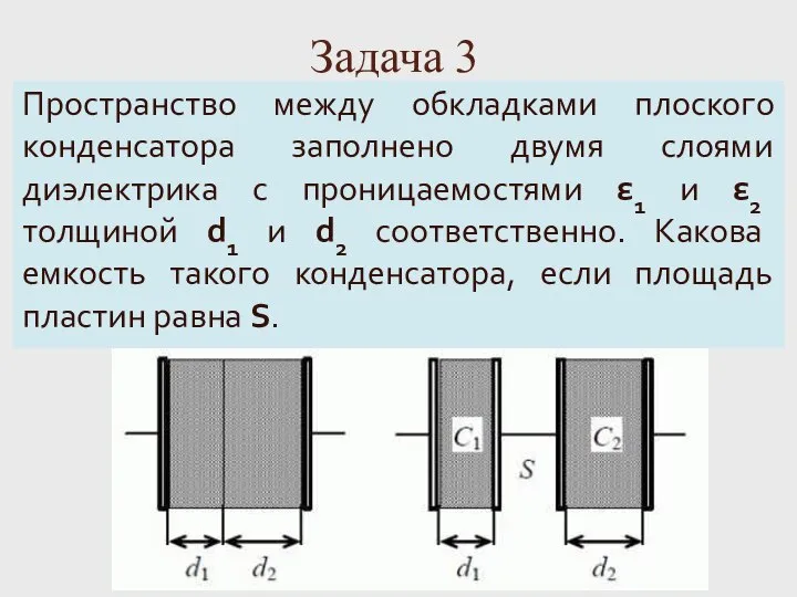 Задача 3 Пространство между обкладками плоского конденсатора заполнено двумя слоями диэлектрика с