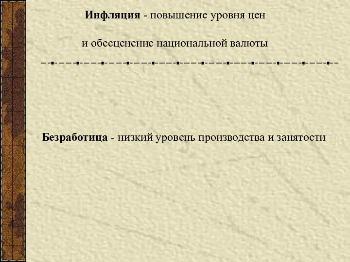 Инфляция - повышение уровня цен и обесценение национальной валюты Безработица - низкий уровень производства и занятости