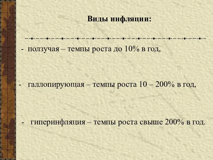 Виды инфляции: ползучая – темпы роста до 10% в год, галлопирующая –