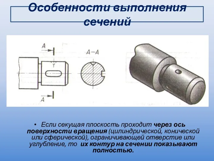 Особенности выполнения сечений Если секущая плоскость проходит через ось поверхности вращения (цилиндрической,