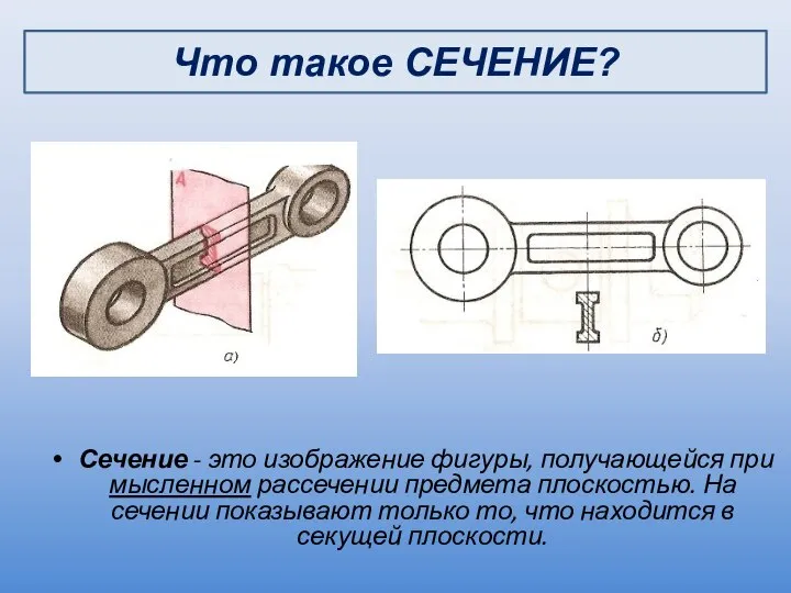 Сечение - это изображение фигуры, получающейся при мысленном рассечении предмета плоскостью. На