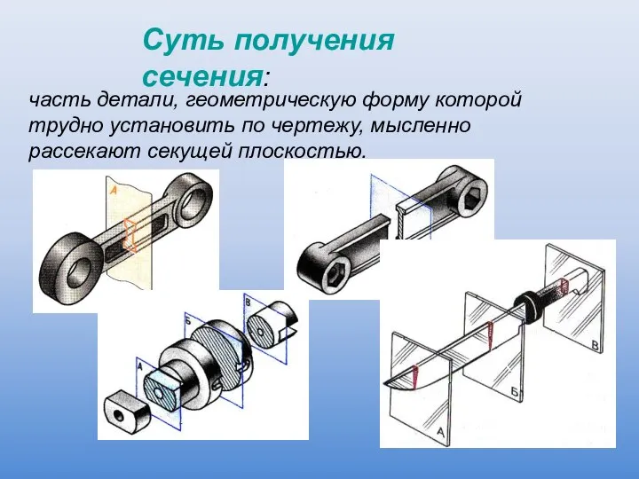 Суть получения сечения: часть детали, геометрическую форму которой трудно установить по чертежу, мысленно рассекают секущей плоскостью.