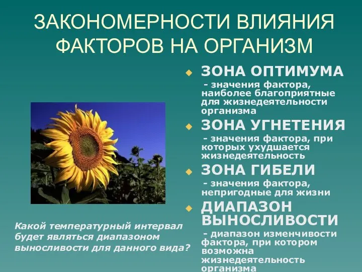 ЗАКОНОМЕРНОСТИ ВЛИЯНИЯ ФАКТОРОВ НА ОРГАНИЗМ ЗОНА ОПТИМУМА - значения фактора, наиболее благоприятные