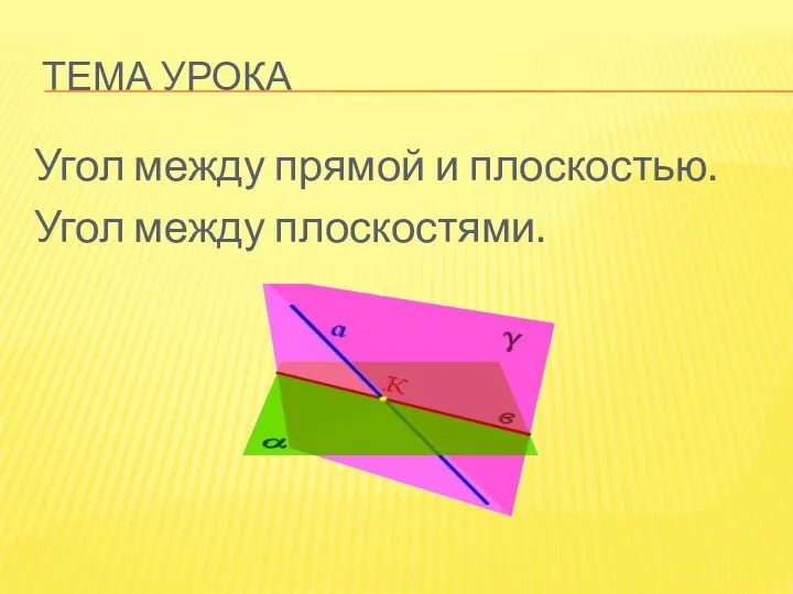 ТЕМА УРОКА Угол между прямой и плоскостью. Угол между плоскостями.